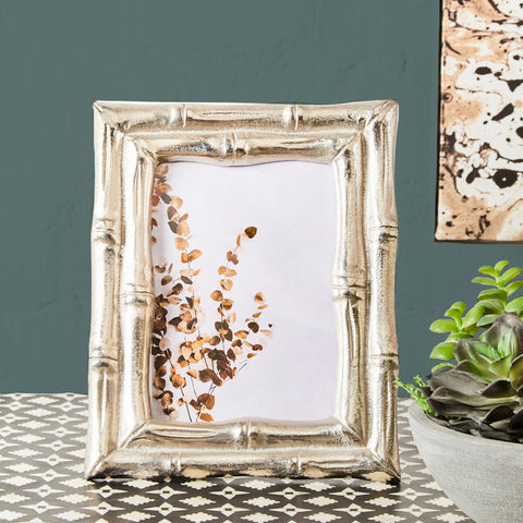 Silver finish bamboo photo frame with textured metallic finish and bamboo effect design for 5x7 inch photos