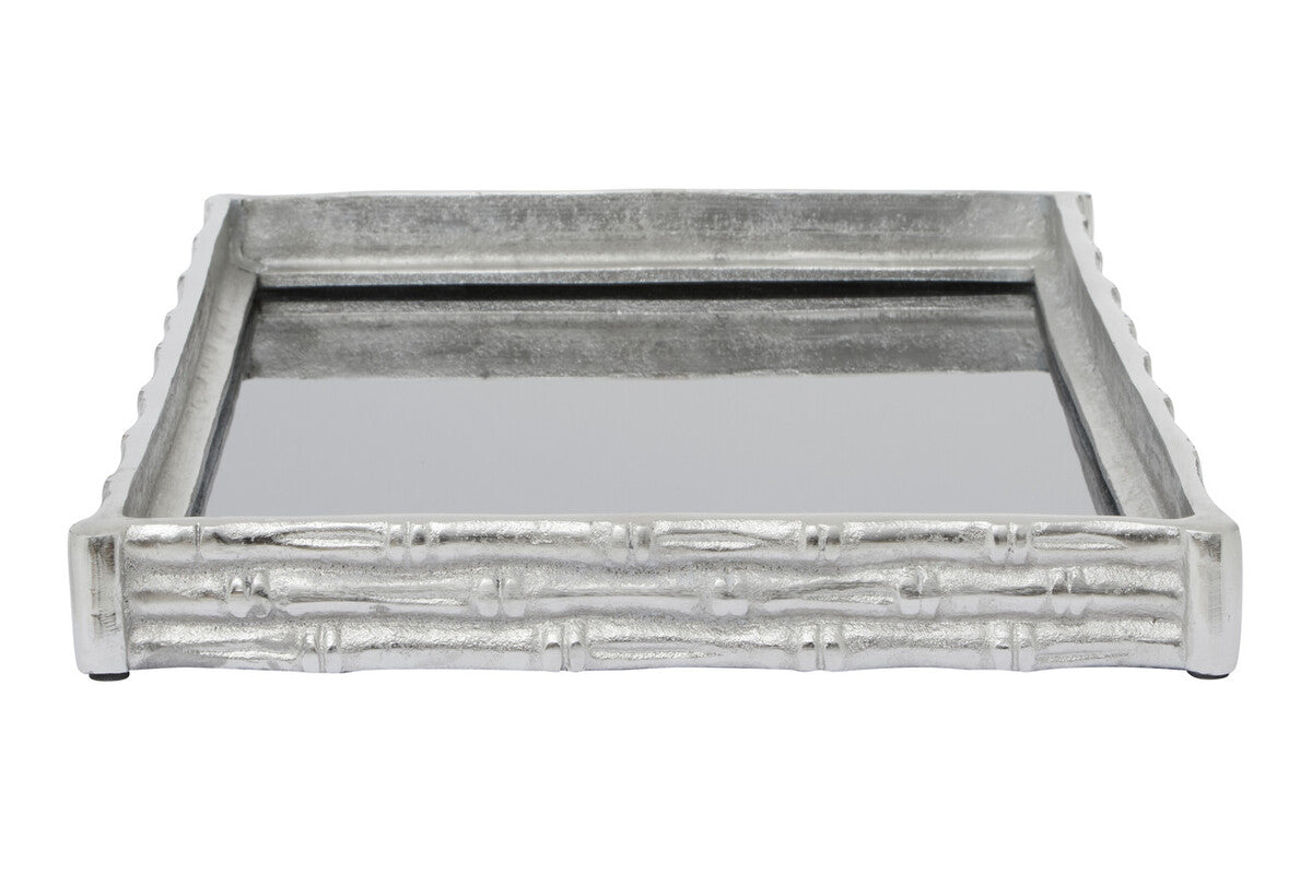 Silver finish bamboo effect mirrored tray with a bamboo-themed design and a shiny mirrored center perfect for serving
