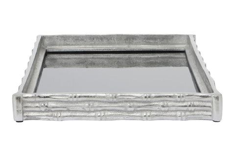 Silver finish bamboo effect mirrored tray with a bamboo-themed design and a shiny mirrored center perfect for serving
