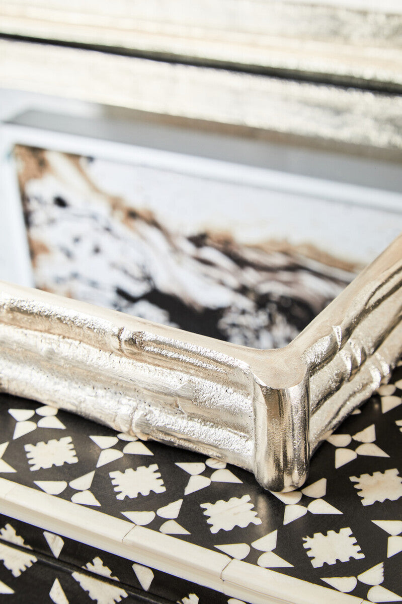 Silver finish bamboo tray with textured metallic bamboo effect mirrored surface perfect for serving or decor