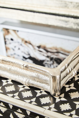 Silver finish bamboo tray with textured metallic bamboo effect mirrored surface perfect for serving or decor