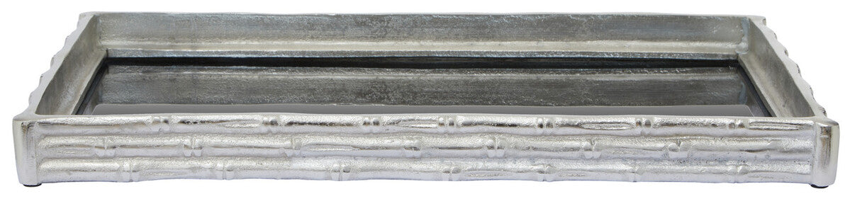 Silver finish bamboo mirrored tray with textured metallic finish and bamboo effect design by hiba