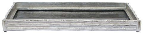 Silver finish bamboo mirrored tray with textured metallic finish and bamboo effect design by hiba