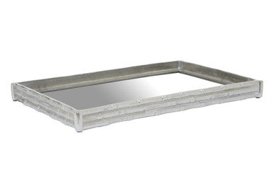 Silver finish bamboo tray with mirrored center and textured metallic finish in hiba bamboo effect style