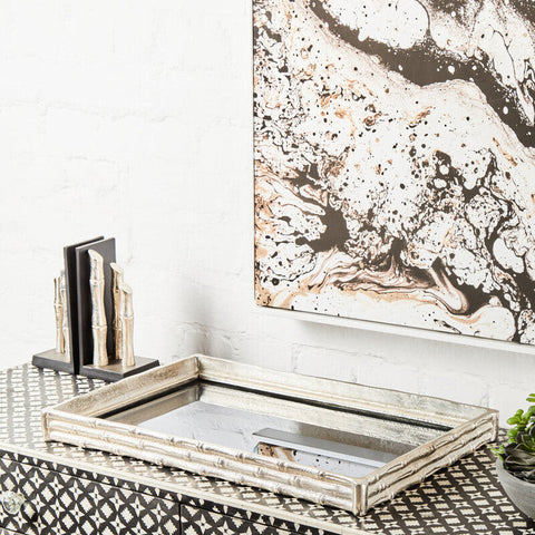Silver finish bamboo tray with distressed metallic finish and bamboo effect mirrored interior for stylish serving