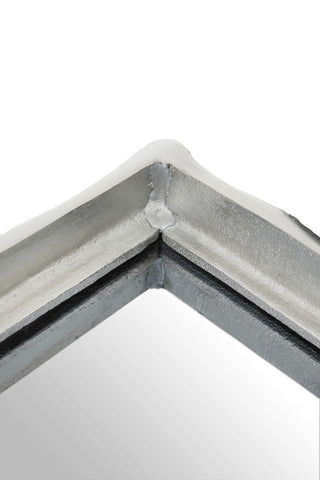 Silver finish bamboo effect mirrored tray with a silver metallic frame and visible weld at the corner