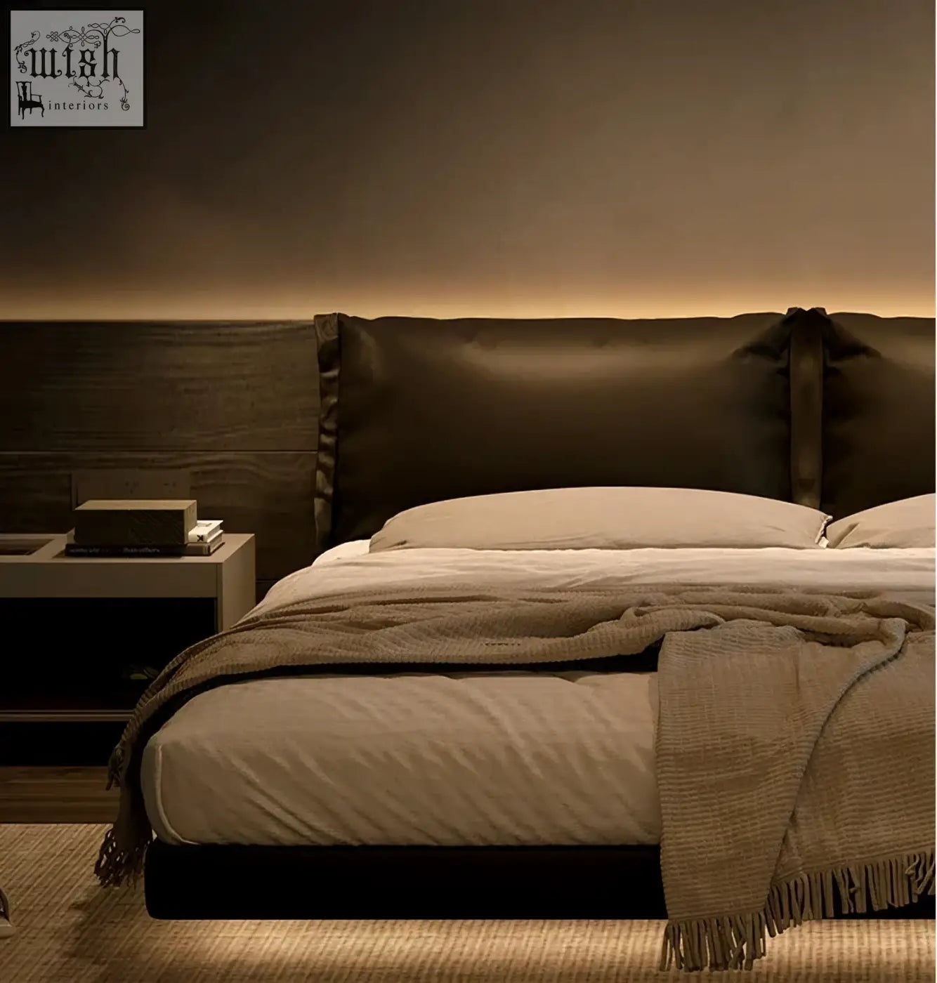 Dark brown leather headboard with sleek modern design and vertical seams for hidemi bed in solid ash wood frame