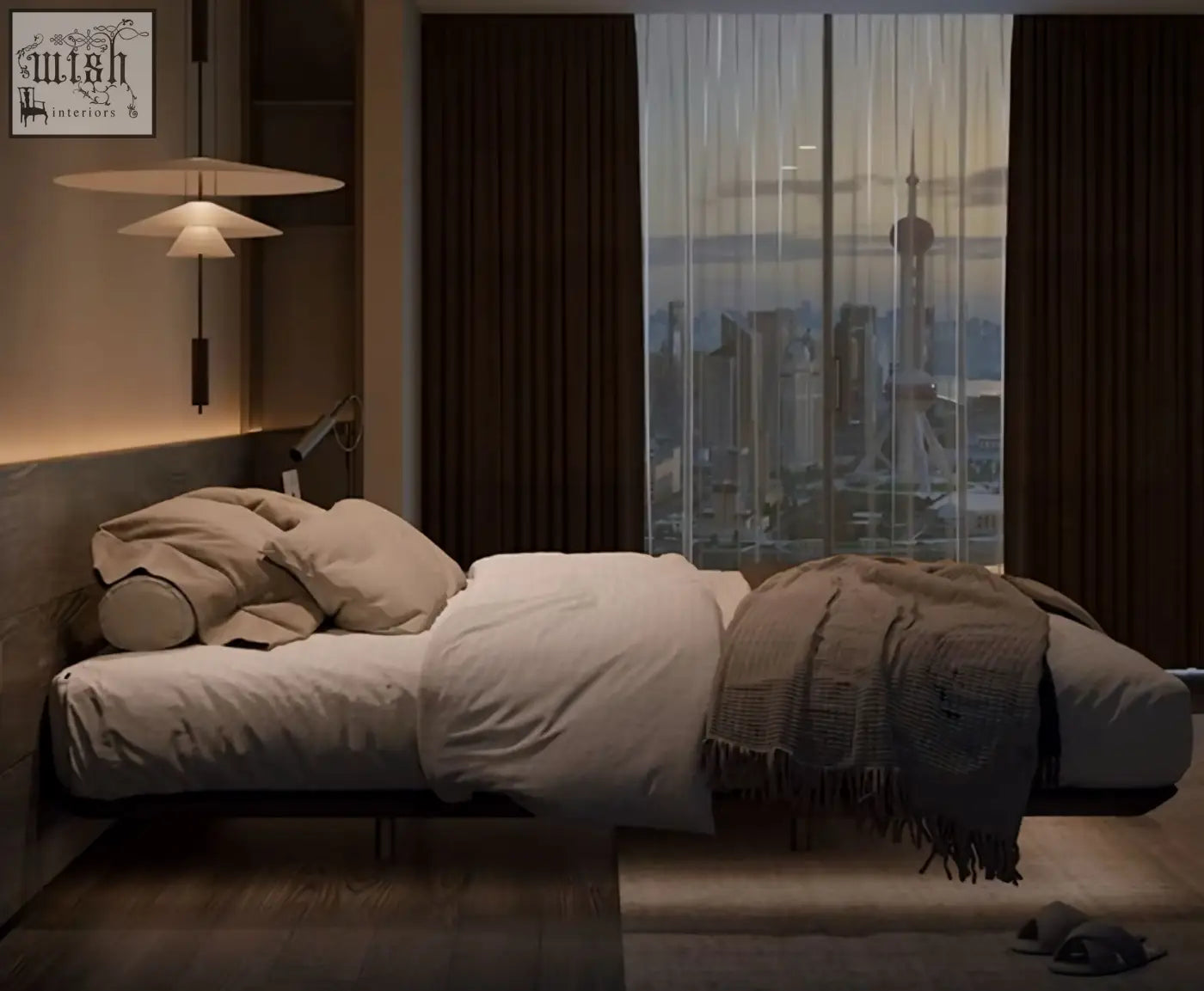 Minimalist hidemi bed with sleek black solid ash wood frame dressed in soft beige linens and gray throw blanket