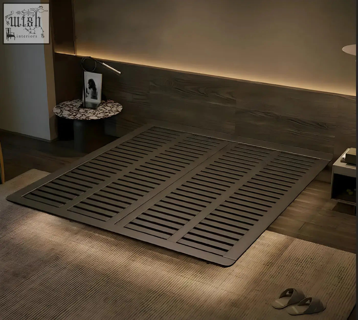 Modern matte black hidemi bed with slatted solid ash wood frame and minimalist design for sleek bedroom style