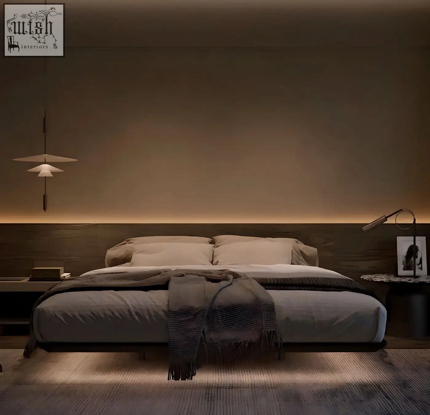 Modern minimalist hidemi bed with solid ash wood dark headboard light gray bedding and textured throw blanket
