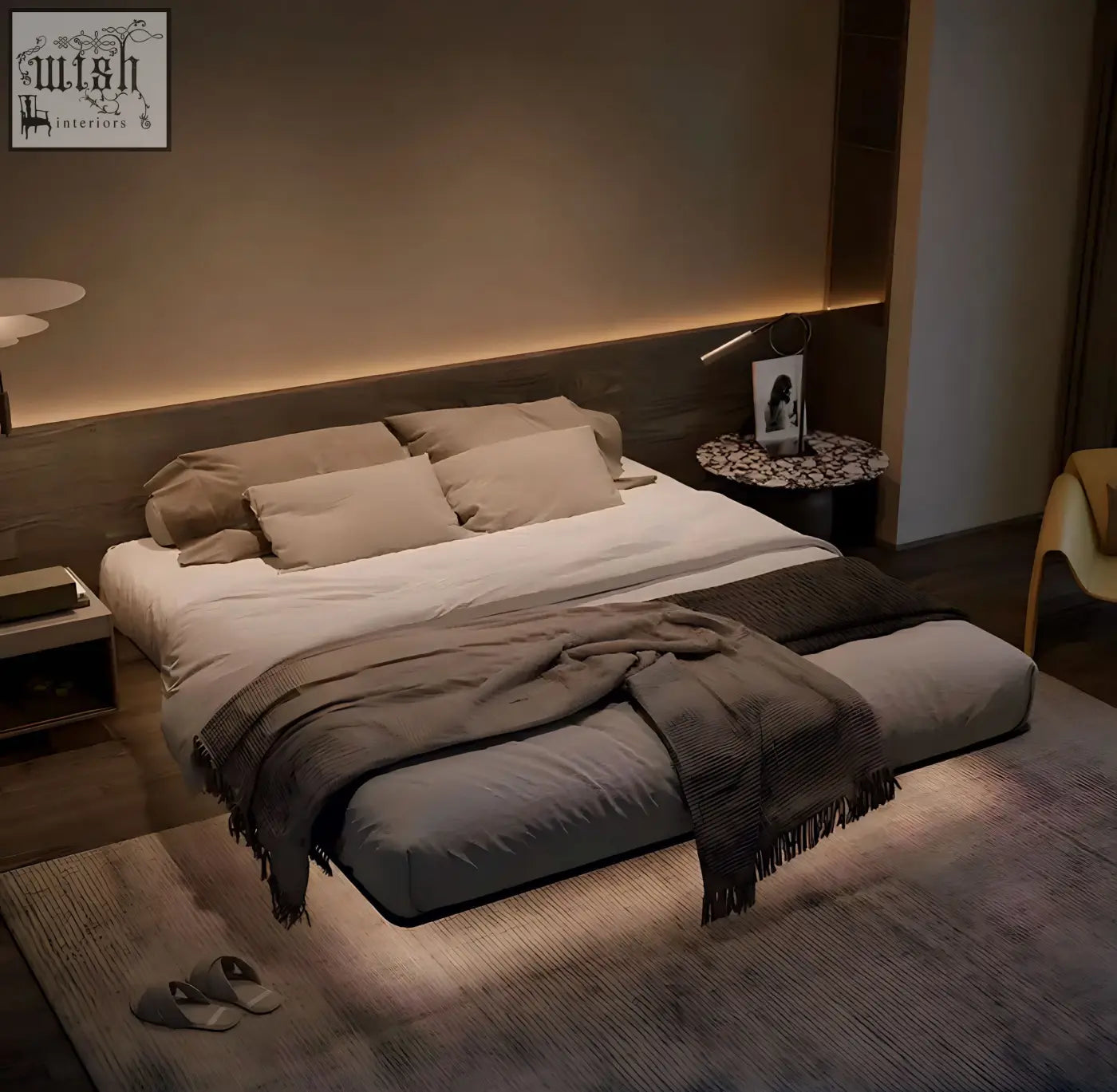 Modern hidemi bed platform with solid ash wood dark headboard and soft gray upholstered mattress for cozy sleep