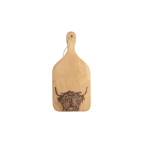 Light-colored beech hanging paddle with hand-carved highland cow design small beech hanging paddle