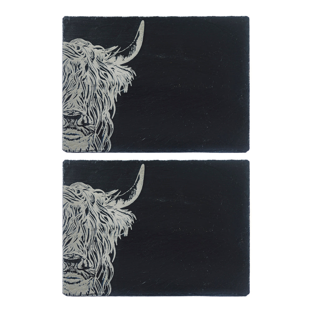 Black slate place mats set of 2 with detailed white etched highland cow head perfect for slate place settings
