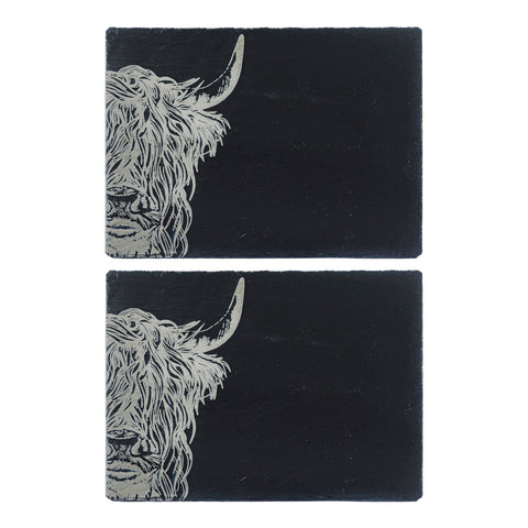 Black slate place mats set of 2 with detailed white etched highland cow head perfect for slate place settings