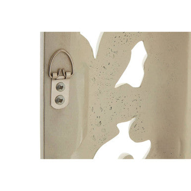 Beige decorative wall hanging with cutout cat silhouettes and silver metal d-ring for antique white baroque style wall mirror