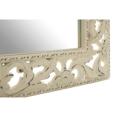 Antique white baroque style wall mirror with intricate floral carved wooden frame in white baroque style design