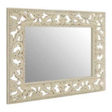 Cream-colored ornate antique white baroque style wall mirror with intricate carved floral patterns on frame