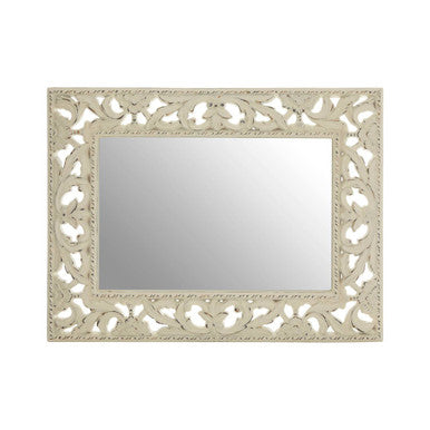 Rectangular mirror with an ornate off-white carved wooden frame in antique white baroque style wall design