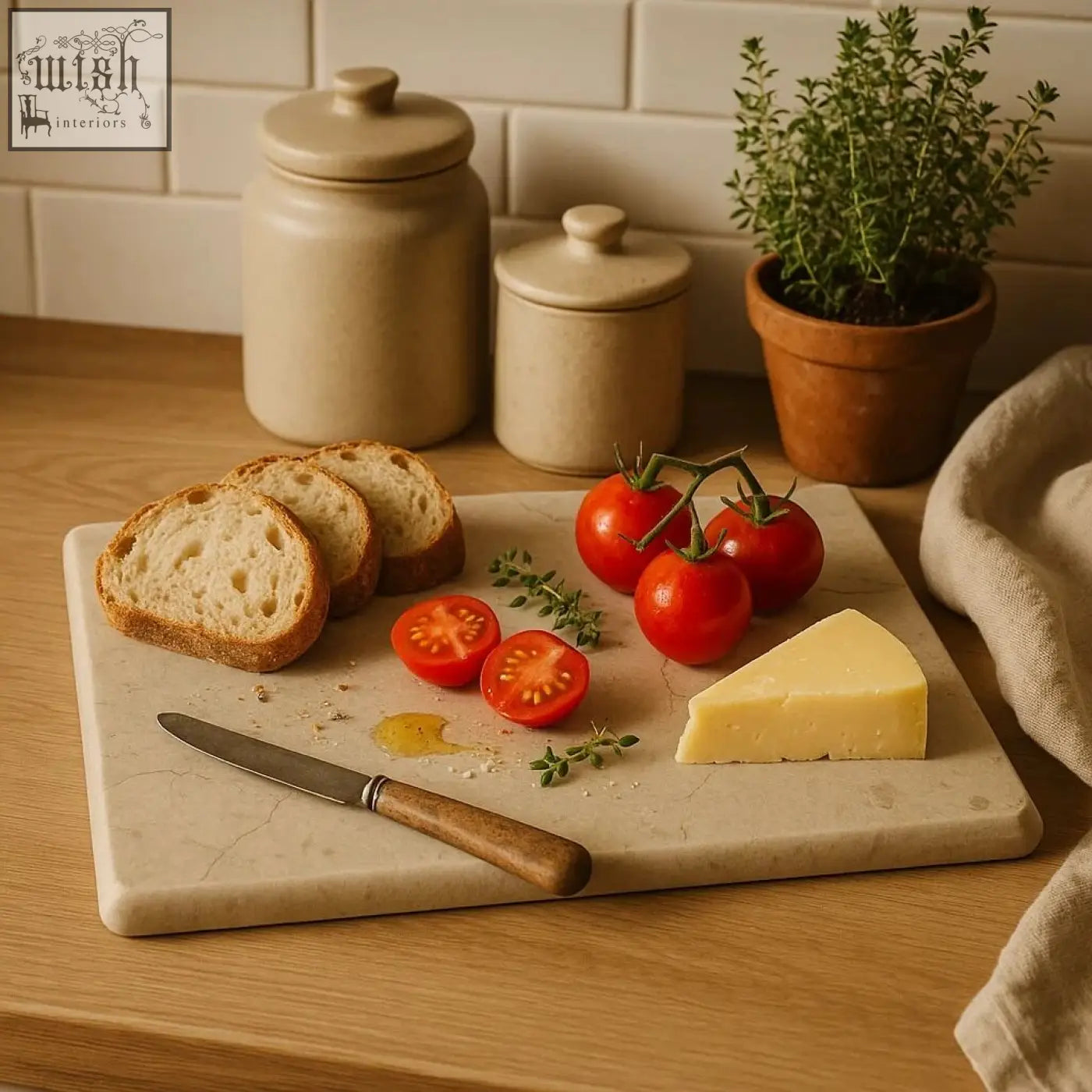 Beige himaya champagne marble rectangular chopping board with sliced bread tomatoes and cheese on a veined surface