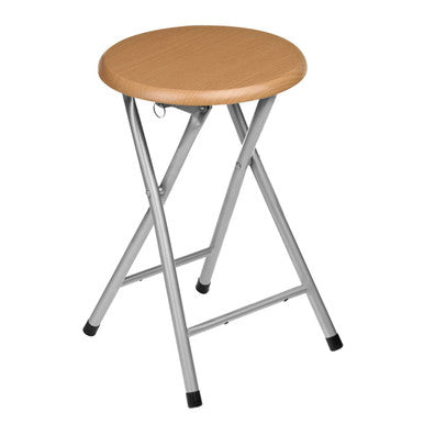 Hinata folding stool with light brown wood veneer seat and silver metal legs in a compact foldable design
