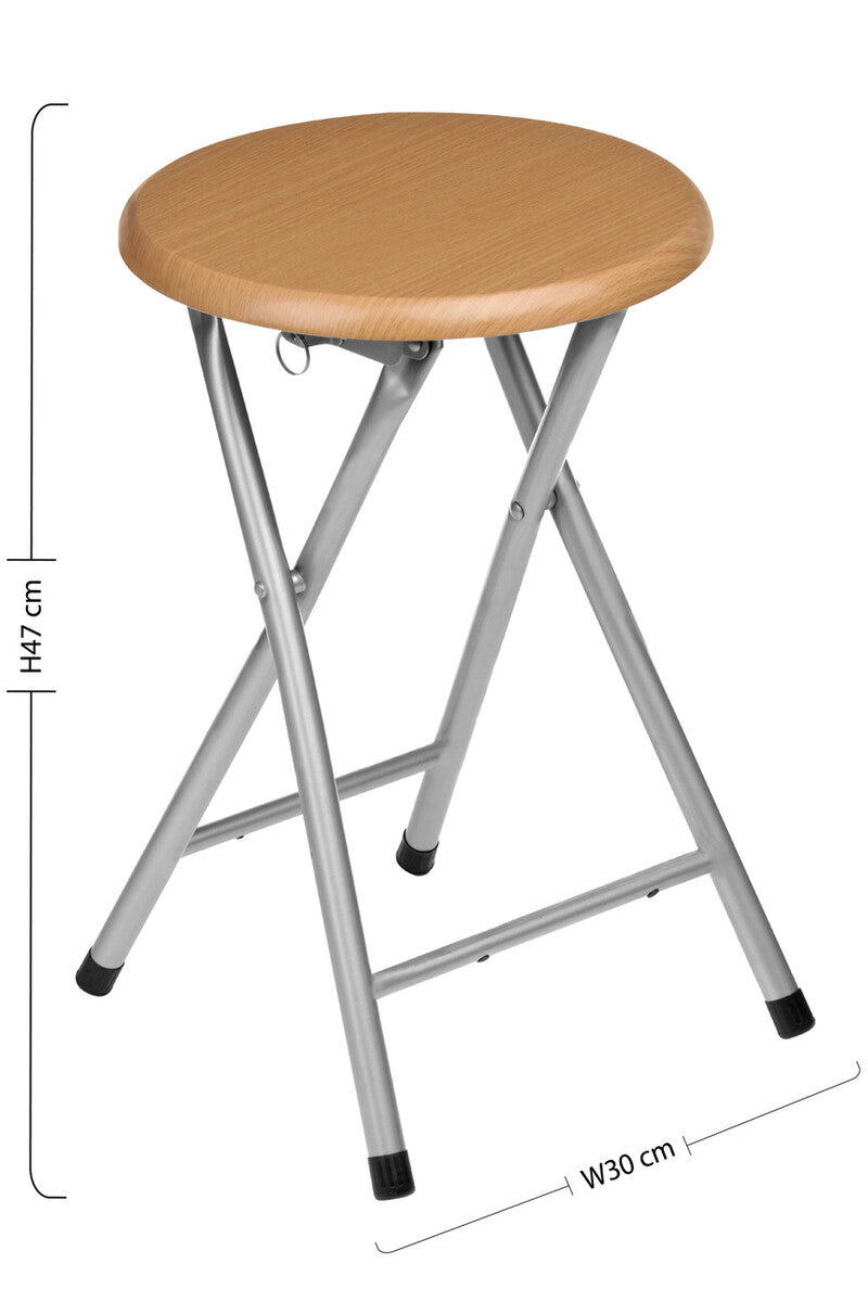 Hinata folding stool with a light brown wood veneer seat and silver metal legs perfect for compact seating