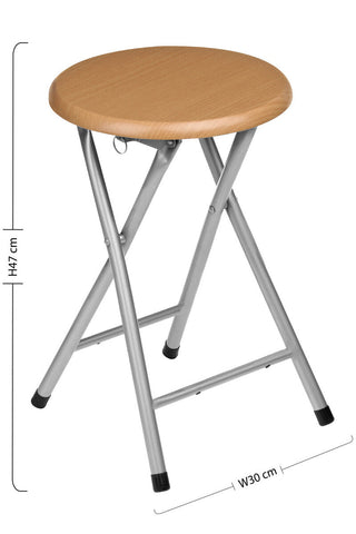 Hinata folding stool with a light brown wood veneer seat and silver metal legs perfect for compact seating
