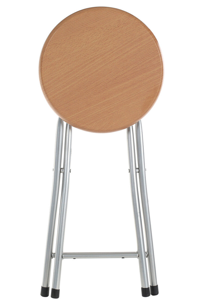 Hinata folding stool with round light brown wood veneer seat and silver metal legs with black rubber tips