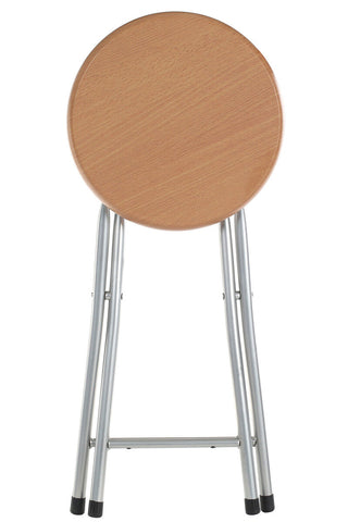 Hinata folding stool with round light brown wood veneer seat and silver metal legs with black rubber tips