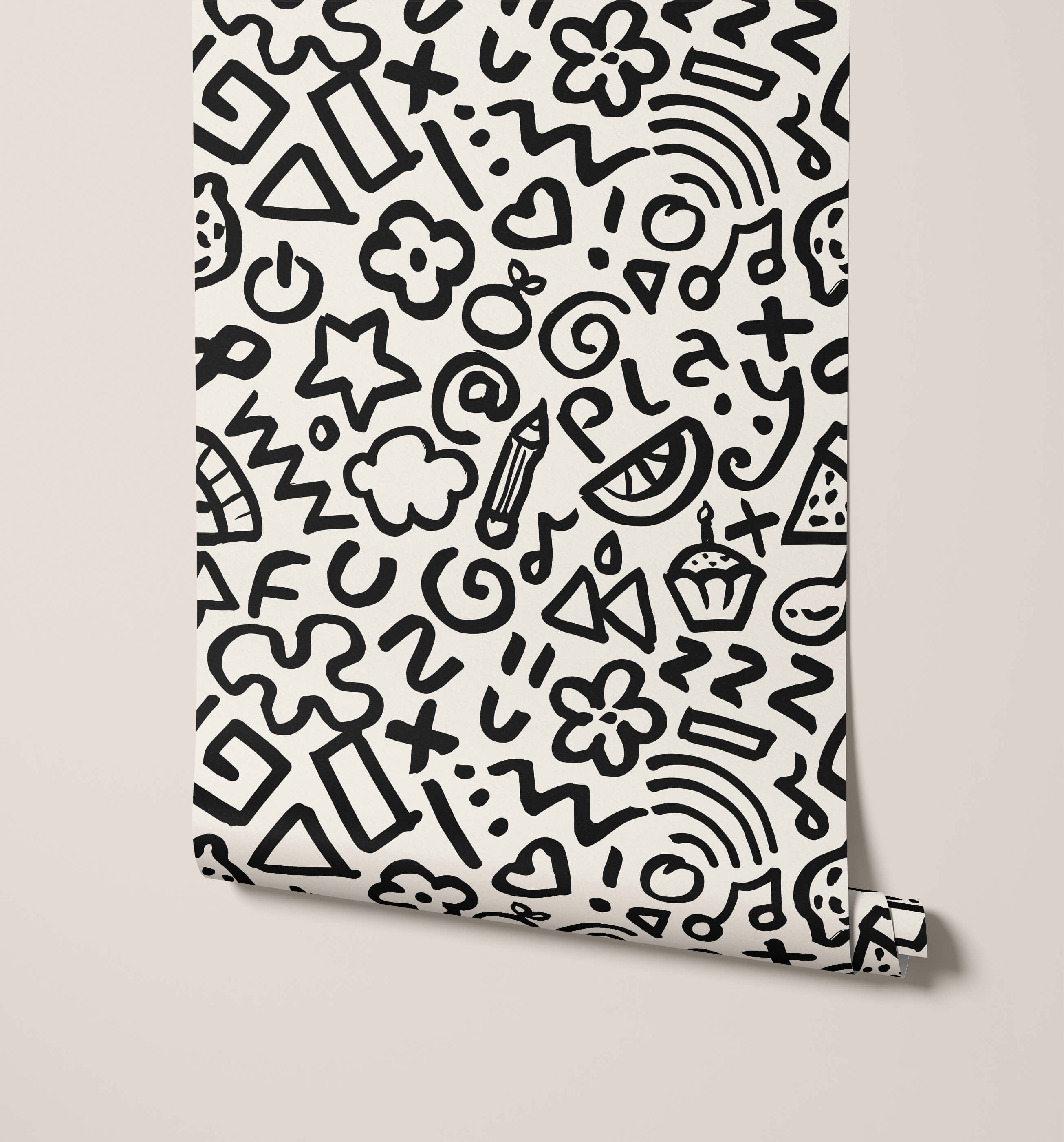 A roll of white wallpaper with playful black doodle patterns called hip for a fun and whimsical wall look