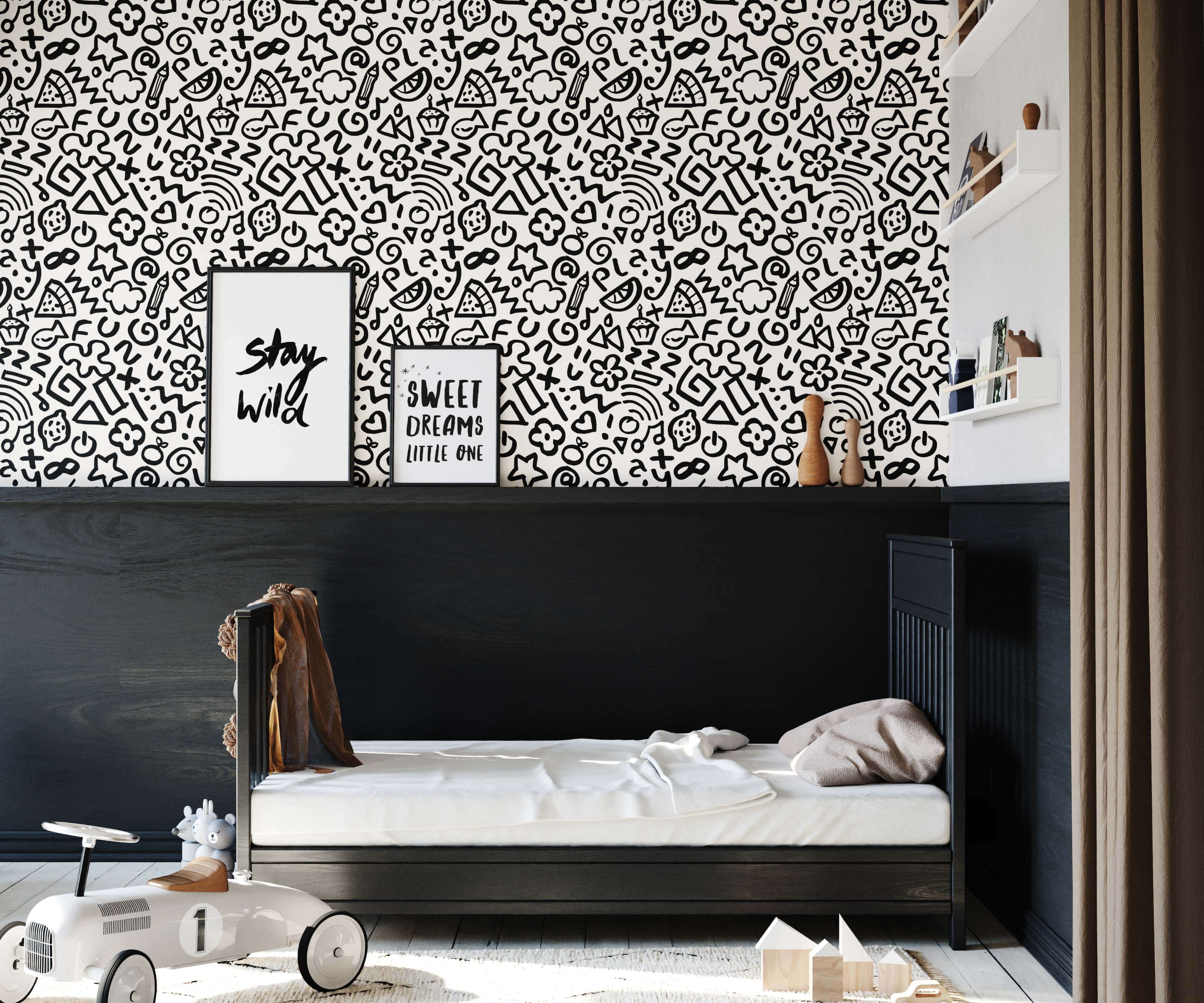 Black and white doodle patterned wallpaper hip with whimsical fruits stars hearts and abstract shapes design
