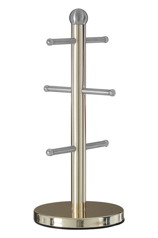 Brass-finished metal mug tree with four bars and a rounded top in gold finish for hanging cups