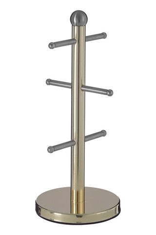 Hirano 6 cup mug tree in sleek brushed gold finish metal with three bars and rounded top for easy mug hanging