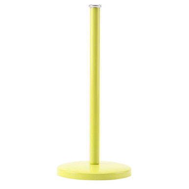 Yellow paper towel holder with sleek cylindrical design and flat base in lime green metal kitchen roll style
