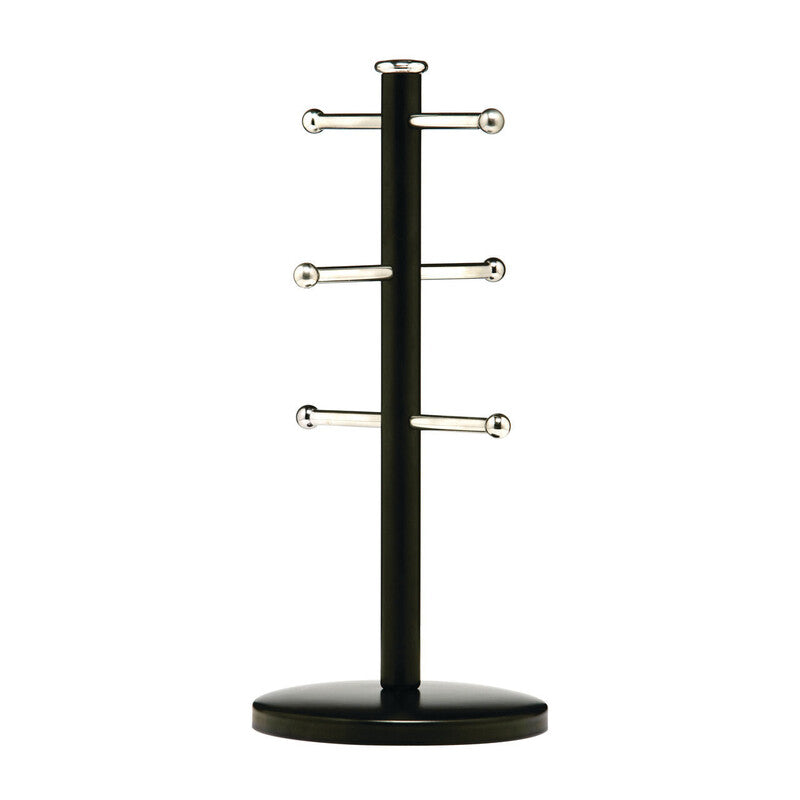 Black glass coffee mug rack with three silver bars on hirano matt black metal 6 cup mug tree for easy storage