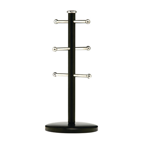 Black glass coffee mug rack with three silver bars on hirano matt black metal 6 cup mug tree for easy storage