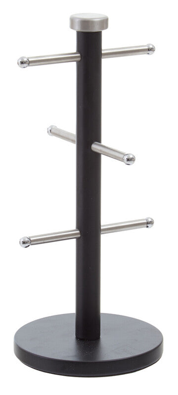Hirano matt black mug tree with matt black metal rack, three chrome bars, and circular base for six cups