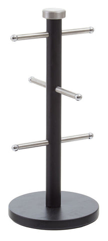 Hirano matt black mug tree with matt black metal rack, three chrome bars, and circular base for six cups