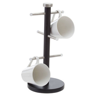 Hirano matt black mug tree with matt black metal frame holding three white ceramic mugs on horizontal arms