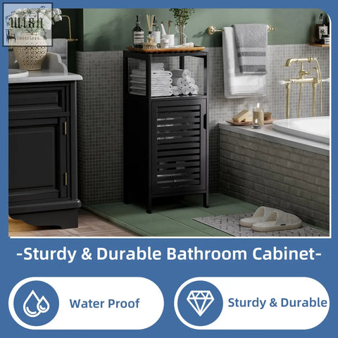 Black slatted hitnet bamboo floor cabinet with top shelf for towels and toiletries durable waterproof storage cabinet