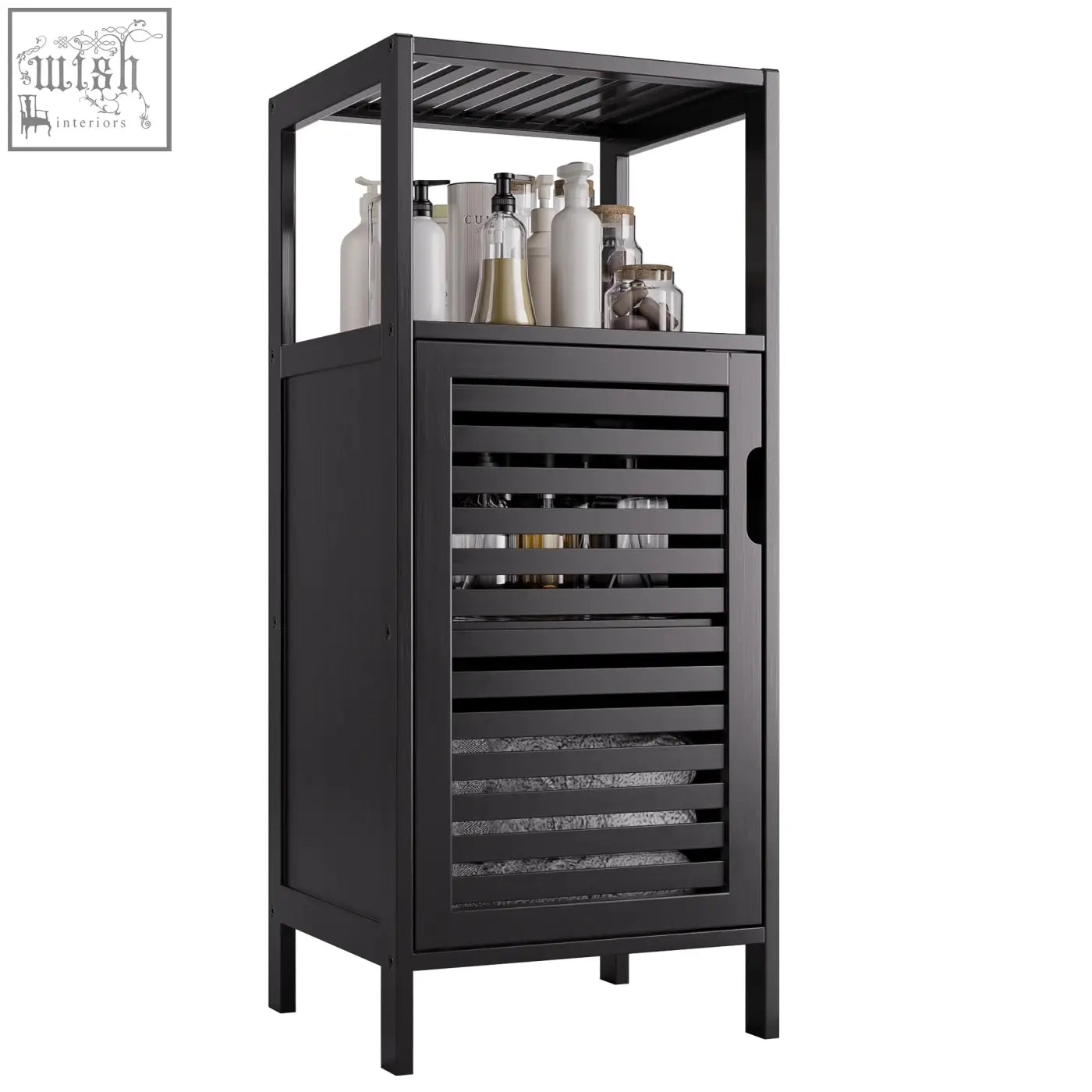 Black bamboo hitnet bamboo floor cabinet with slatted door and open shelf for small bathroom storage cabinet