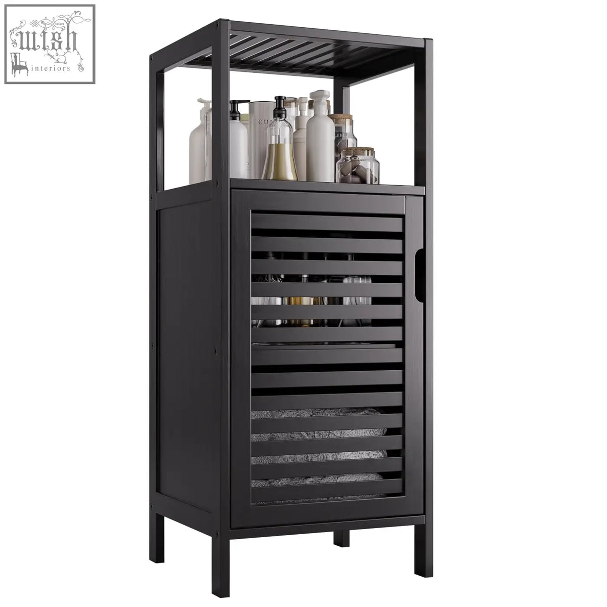 Black bamboo hitnet bamboo floor cabinet with slatted door and open shelf for small bathroom storage cabinet