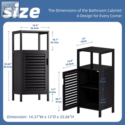 Black hitnet bamboo floor cabinet with slatted doors and open shelving for small bathroom storage cabinet