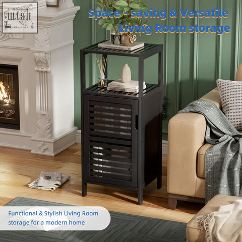 Black slatted wooden hitnet bamboo floor cabinet with top shelf and lower door for small space storage cabinet