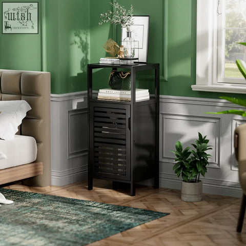 Black metal floor cabinet with slatted door and open shelf from hitnet bamboo floor storage cabinet collection