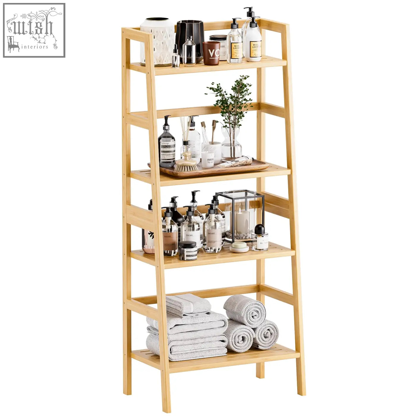 Light wood hitnet bamboo ladder shelf with five tiers holding bathroom essentials like bottles and rolled towels