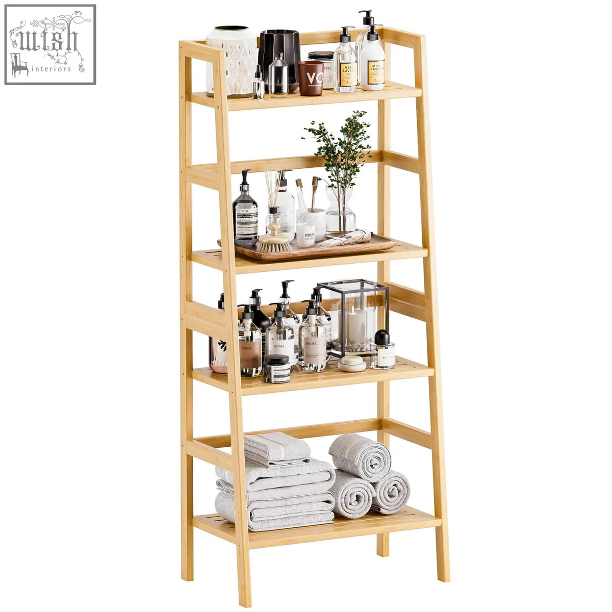 Light wood hitnet bamboo ladder shelf with five tiers holding bathroom essentials like bottles and rolled towels
