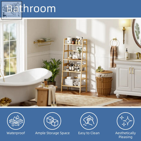 Light-colored hitnet bamboo ladder shelf with 4 tiers for bathroom storage and decorative plant stand use
