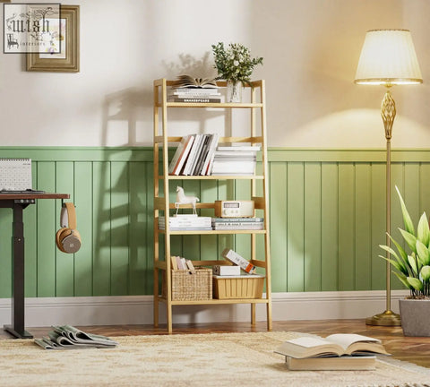 Lightweight natural hitnet bamboo ladder shelf with five open shelves holding books and decorative items