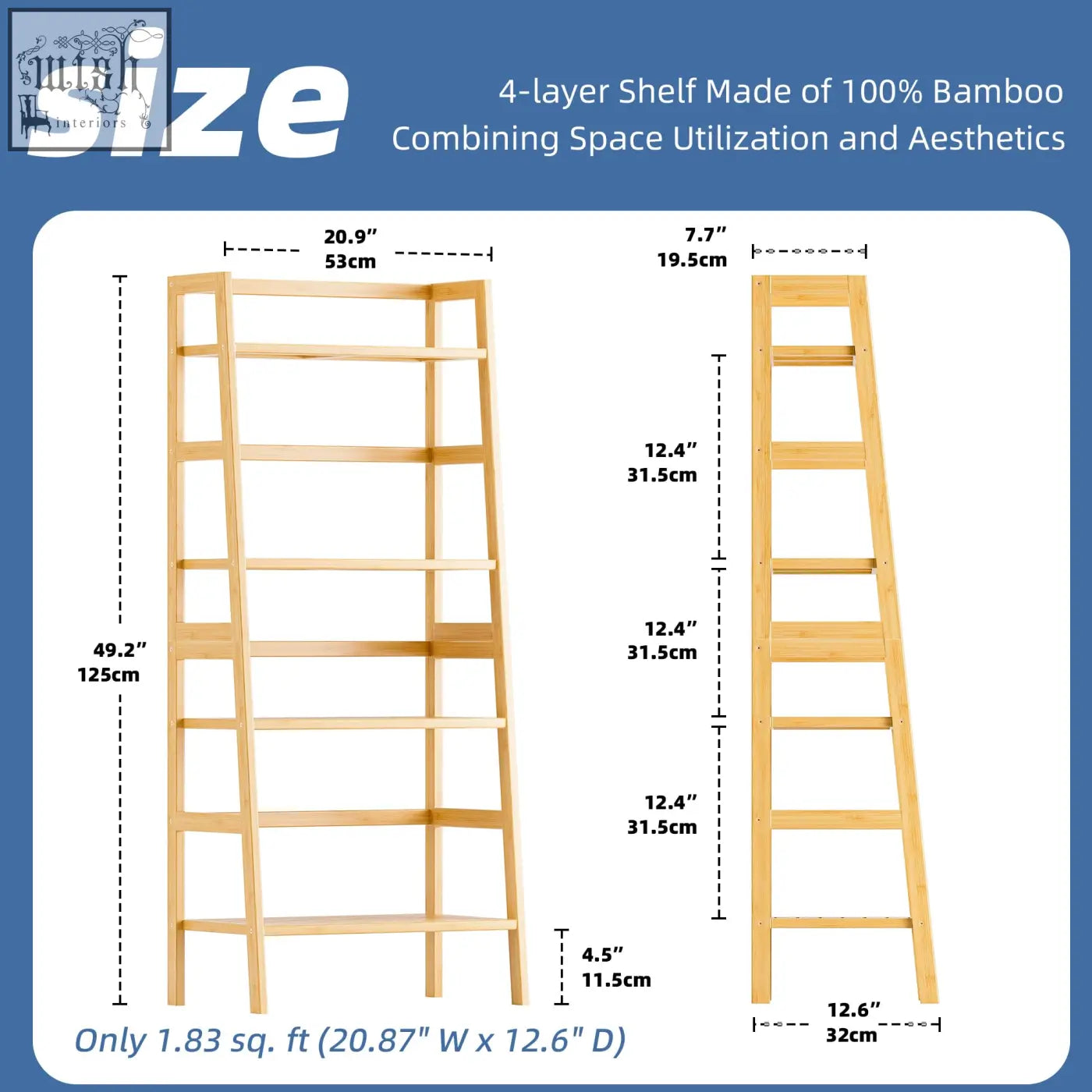 Light-colored hitnet bamboo ladder shelf with 4 tiers freestanding open bamboo ladder shelf for books and plants