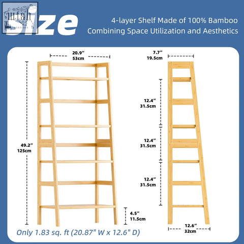 Light-colored hitnet bamboo ladder shelf with 4 tiers freestanding open bamboo ladder shelf for books and plants